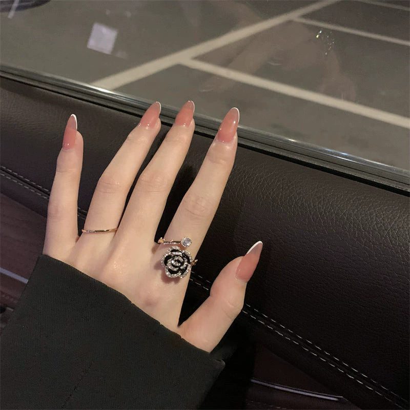 Human wealth flower black camellia ring female insclassy accessible luxuryfrenchsmall fragrance wind gentle elegant trendy