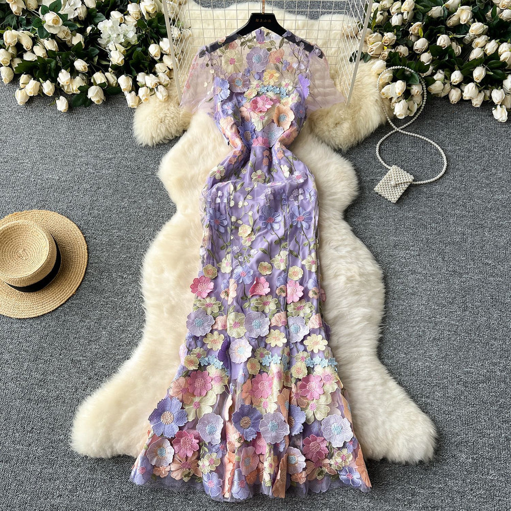 Evening party high-end formal dress women's long dress european and american style 3d floral embroidery slimming mermaid tail