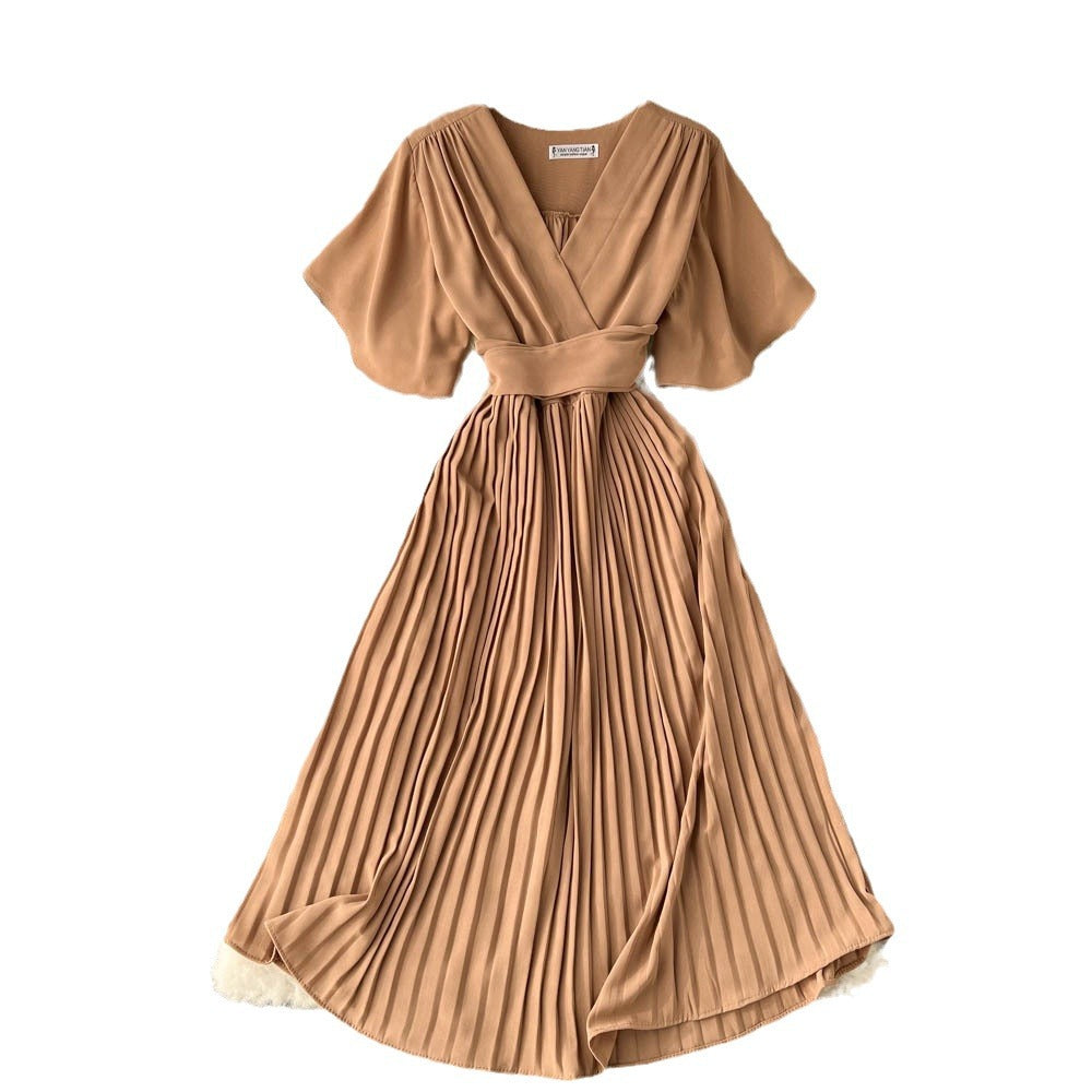 French pleated silmlong holiday style chiffon pleated long skirt pure colorelegantv necknew arrivalfrenchdress