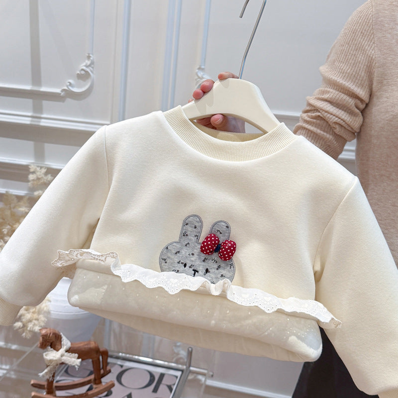 New autumn/winter girls' three-layer thickened sweatshirt - trendy base layer long sleeve top - kids' casual clothing
