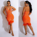 C6156 cross-border   fashion women's sleeveless bandeau dress with hotfix rhinestones and feather straps