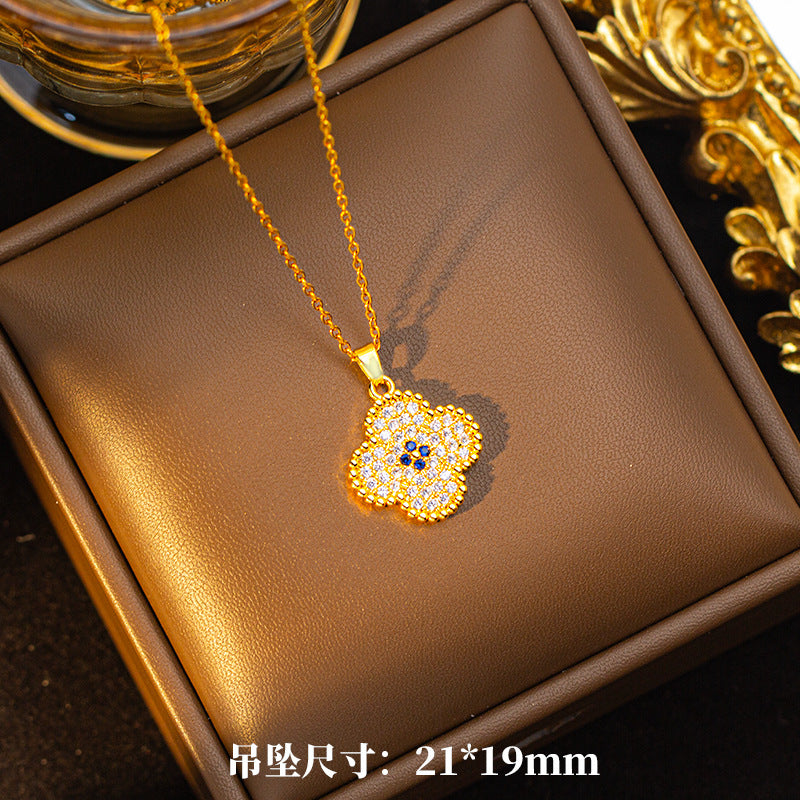 Copper inlaid zirconium four-leaf clover necklace for women, titanium steel real gold plating popularinsfashion flower exquisite sweater chain jewelry