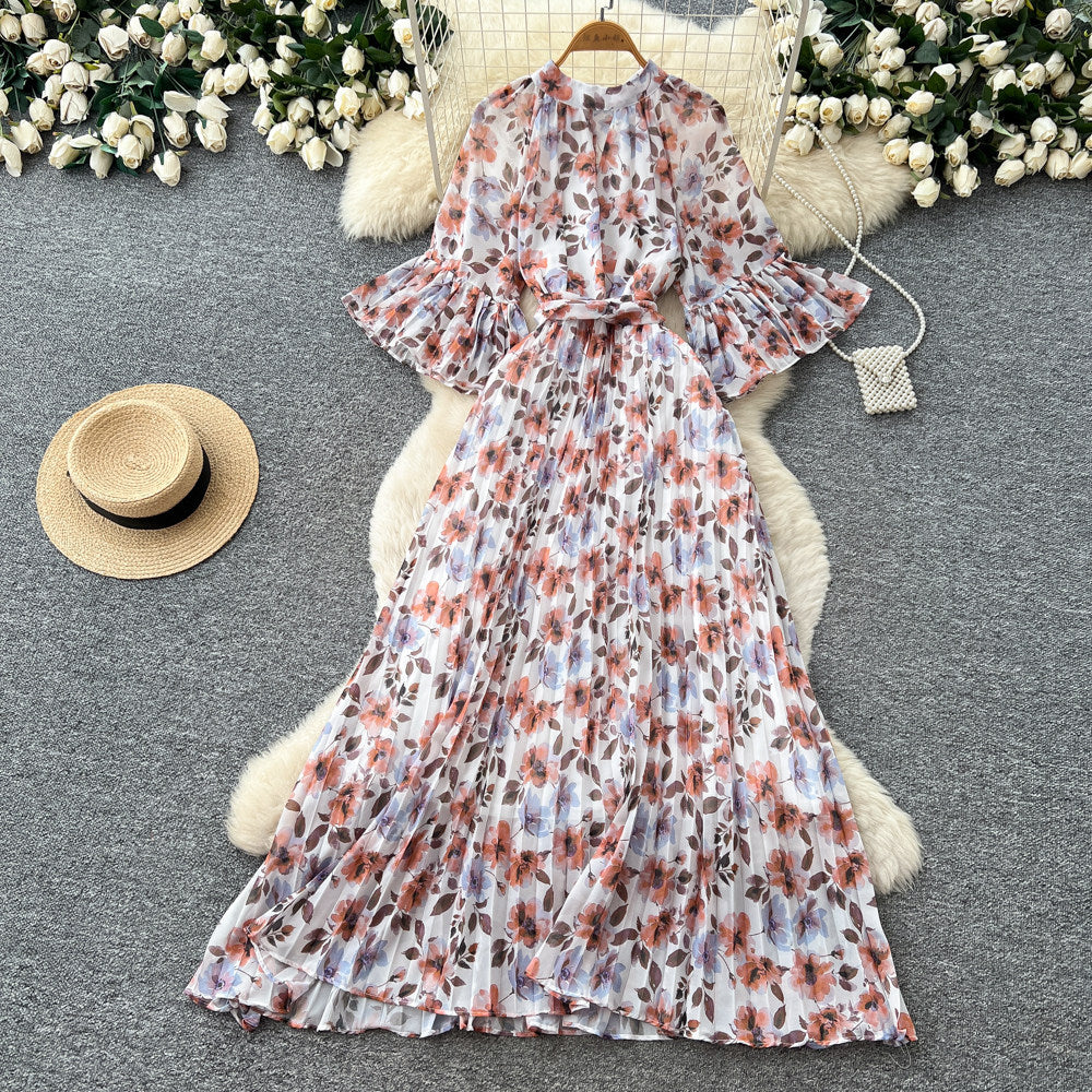 French chic floral print loose-fit dress - women's summer long sleeve a-line maxi dress - elegant and flattering, perfect for a sophisticated look