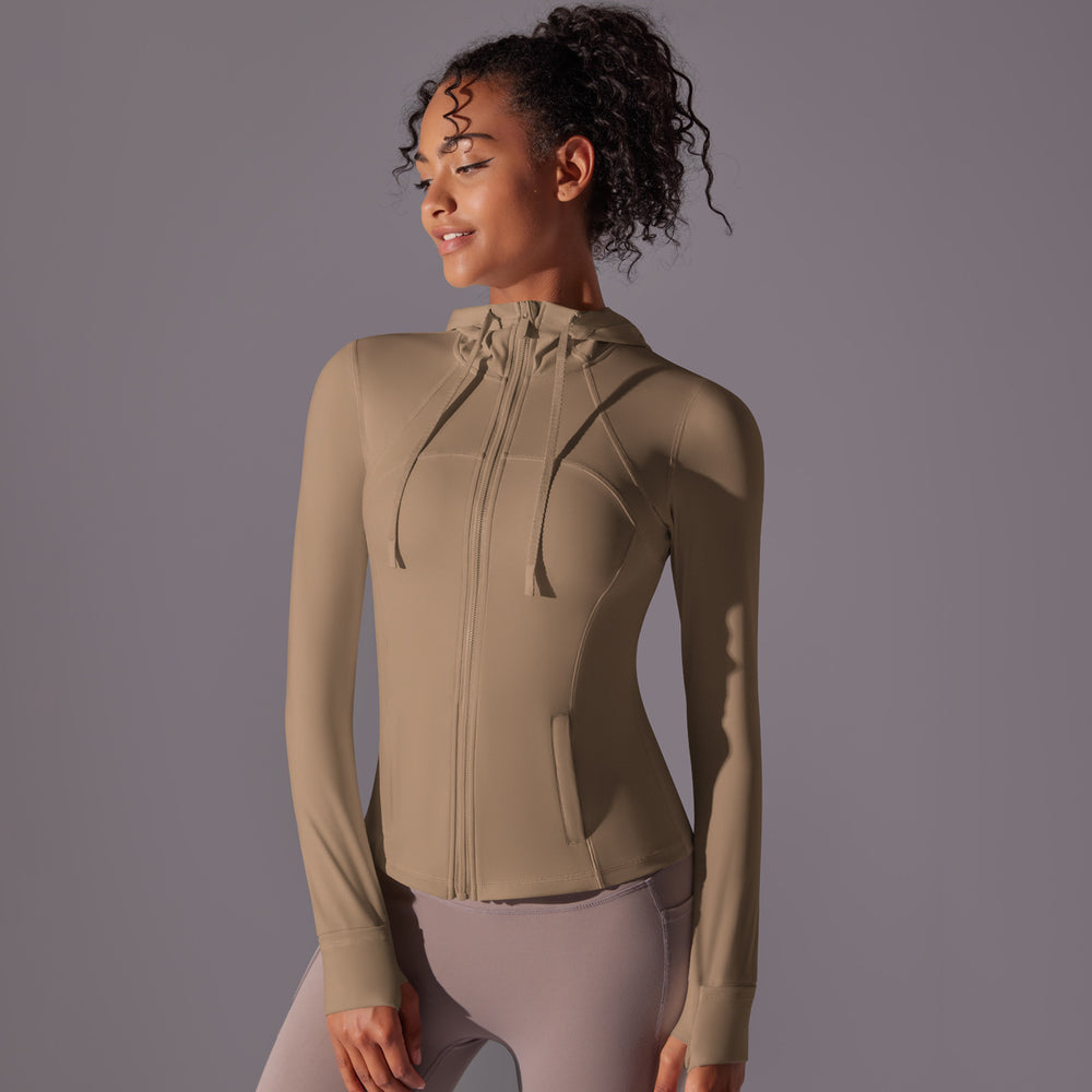 New women's seamless hooded yoga top - long sleeve, quick-dry, zip-up activewear for running and fitness