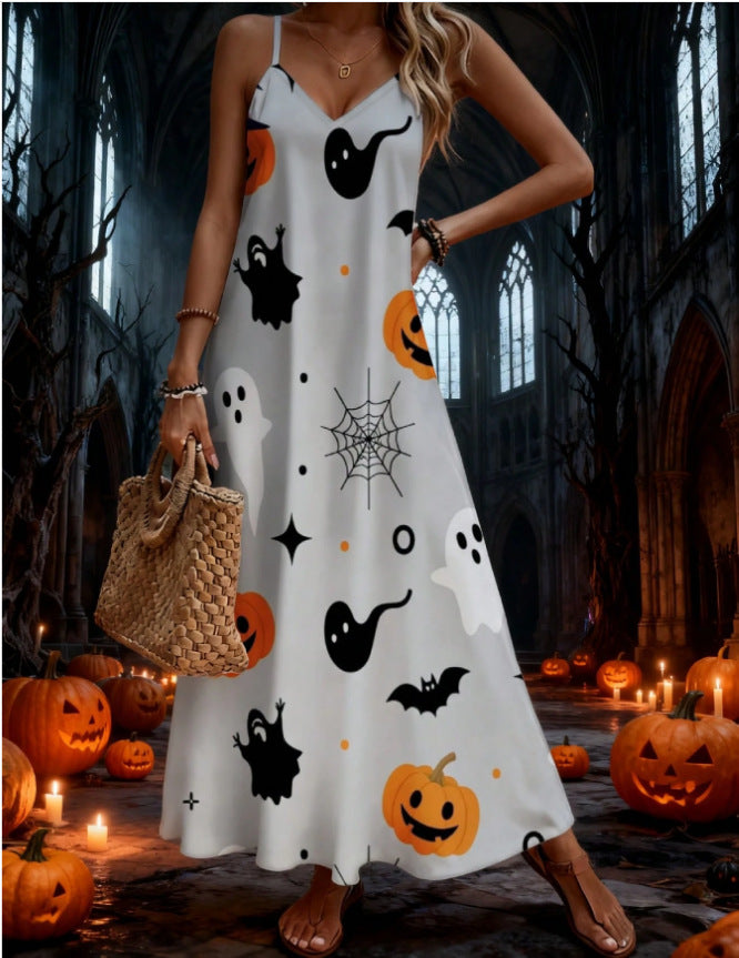 halloween pattern printing longdressv neckloose vacation suspender skirt