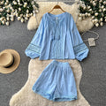 Gentle wind yellow cut outlacetwo-piece set female autumtie back lantern sleeve topssuit relaxed sense outfit