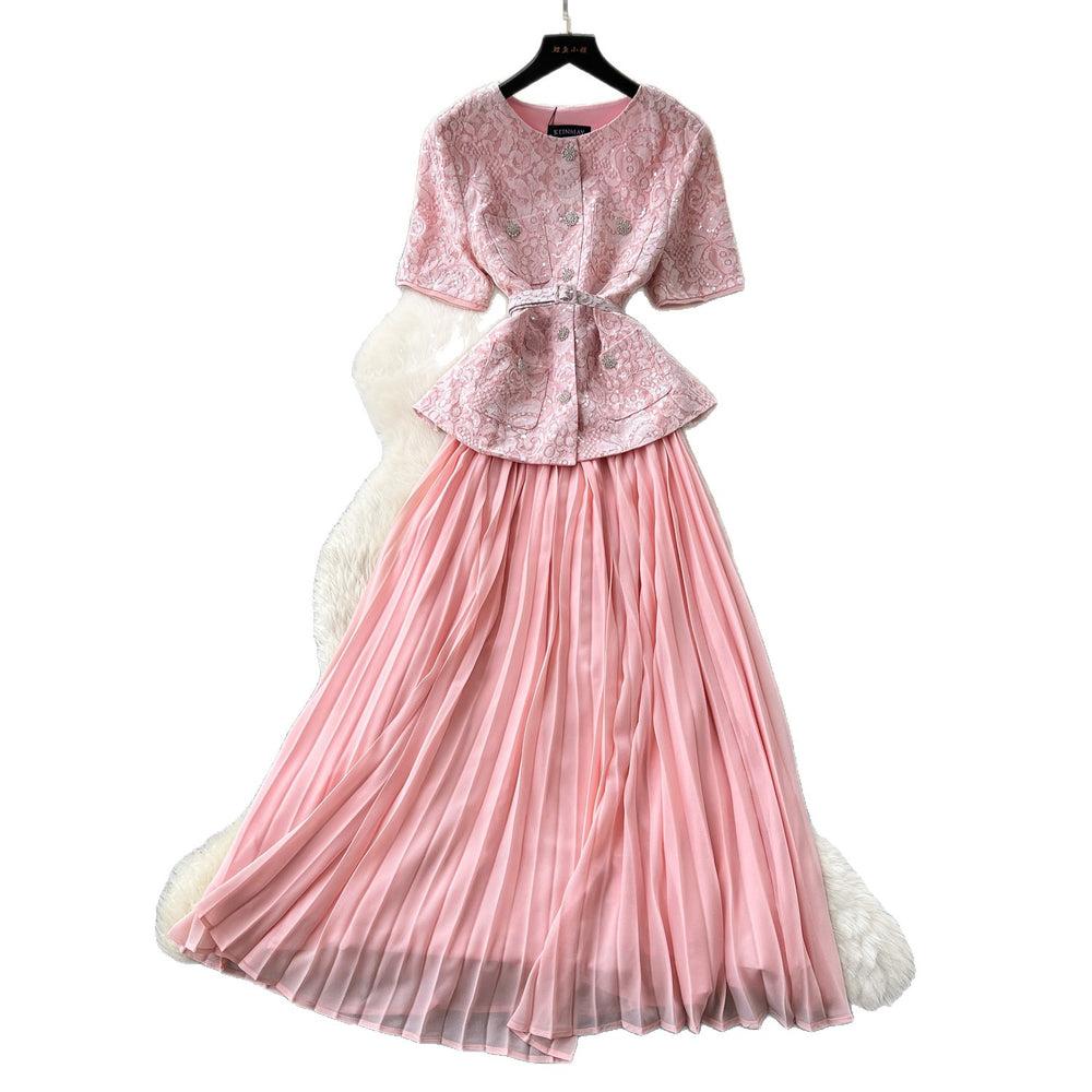 Xiaoxiangfengsequin short-sleeved sequinpleated dress women's summerclassy waist slimming lookpleated long skirtwork clothing