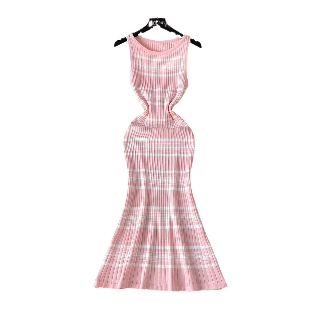Striped dress women's summer  new french style high-end sleeveless slimming mermaid knit dress