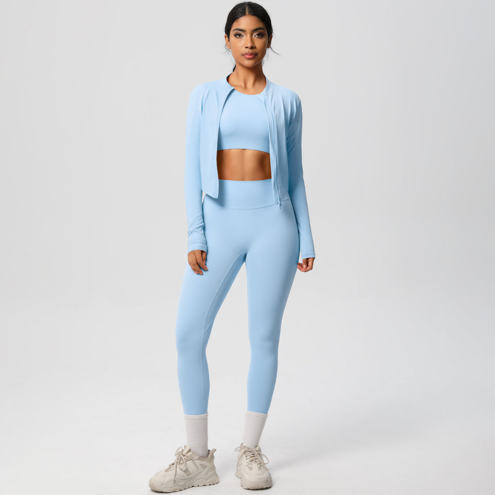 European and american style solid color seamless brushed yoga set - tight-fitting, quick-drying, butt-lifting workout running fitness three-piece set