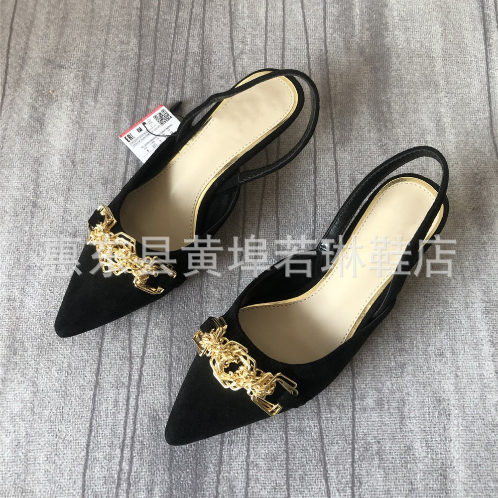 Z's new metallic buckle embellished suede pointed-toe stiletto sandals - stylish plus size women's black pumps