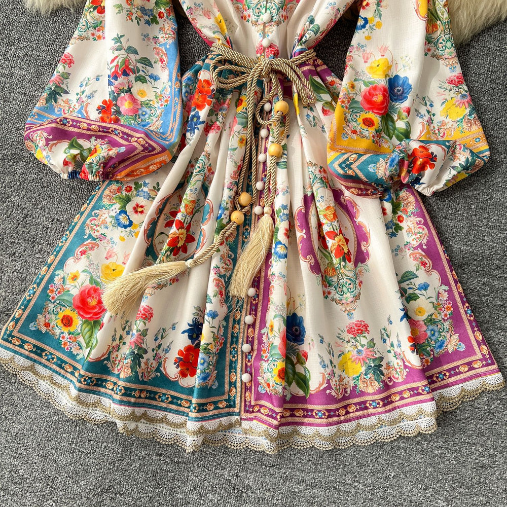 French court style high-end printed bubble sleeve dress - women's v-neck tie-waist elegant a-line ruffle skirt