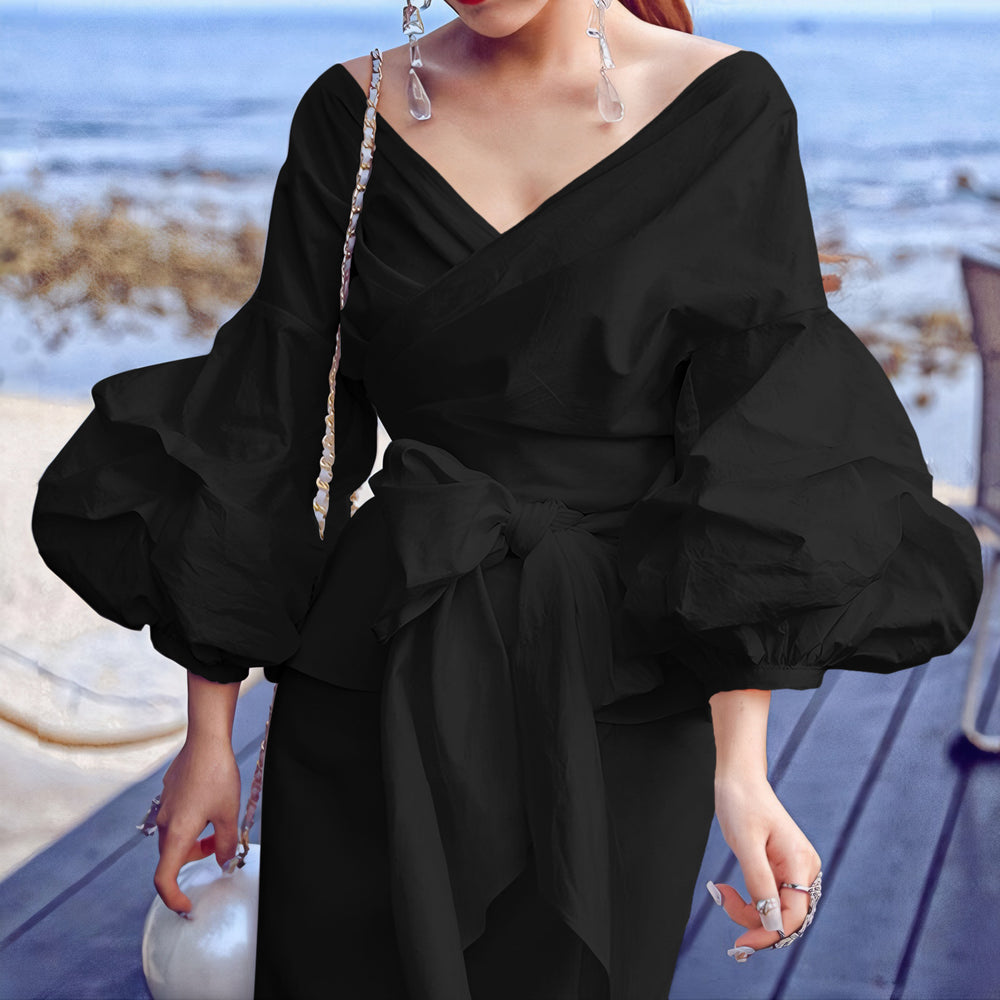 C8620  foreign trade women's fashion solid color sexy criss-cross tie-up puff sleeve v-neck blouse african top