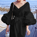 C8620  foreign trade women's fashion solid color sexy criss-cross tie-up puff sleeve v-neck blouse african top