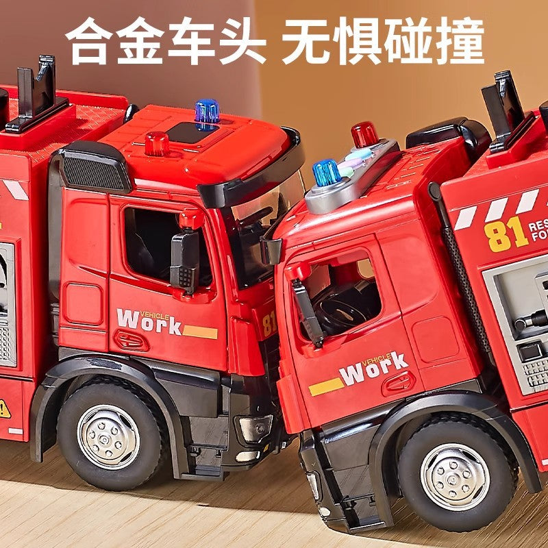 Boys' alloy large ladder fire truck crane with water spray function - realistic firefighter car model toy