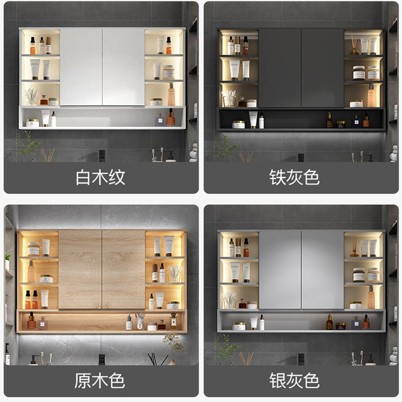 Paint-free solid wood bathroom intelligent hidden folding feng shui mirror cabinet with separate lamp storage rack manufacturer supply