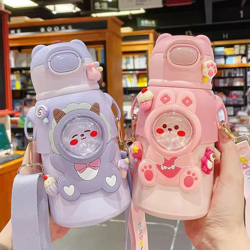 Cute and fun kids' insulated water bottle - 316 stainless steel, food-grade, cartoon design, portable student straw cup