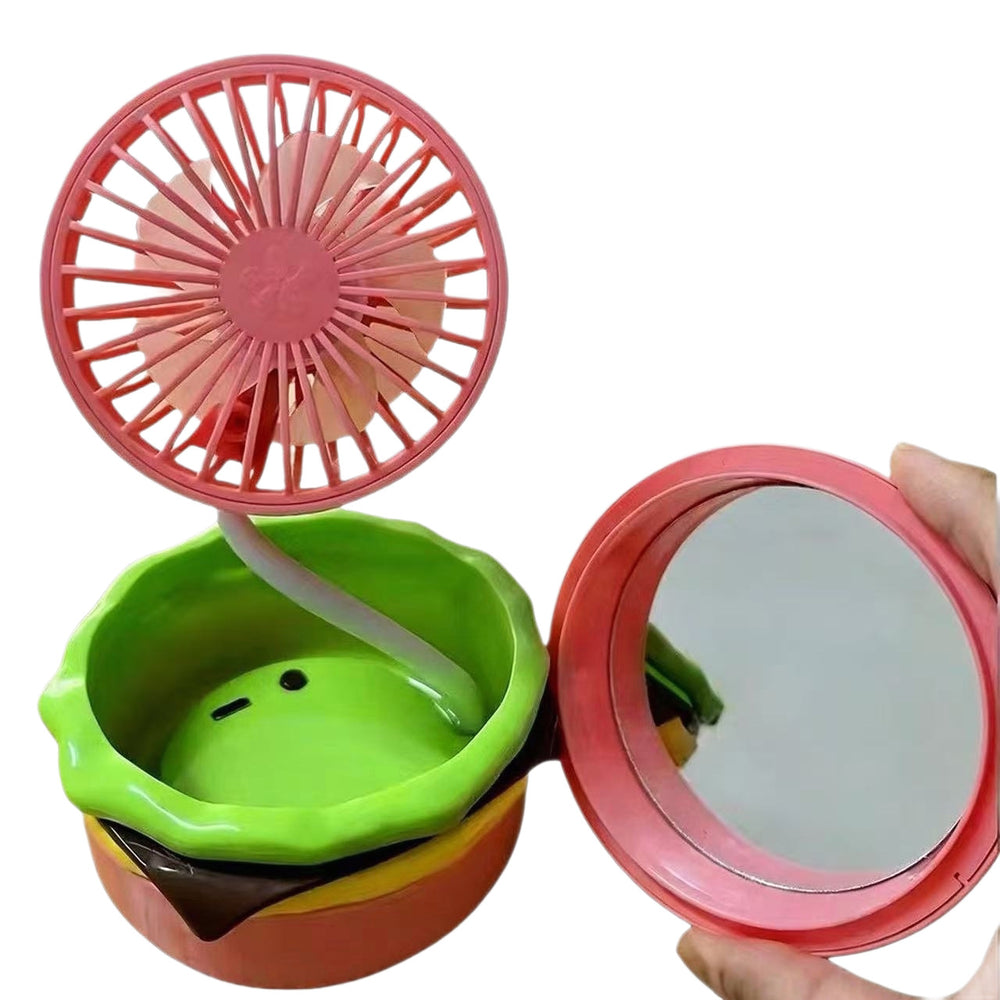 Creative burger mini fan with storage and makeup mirror, usb rechargeable, 3-speed adjustable, multifunctional desktop fan
