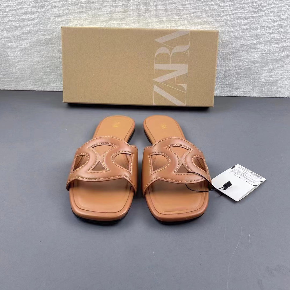 Za2024summernew arrivaltrf women's shoes brown cut out rhinestone decoration flats sandals casualeasiest for match slippers for women