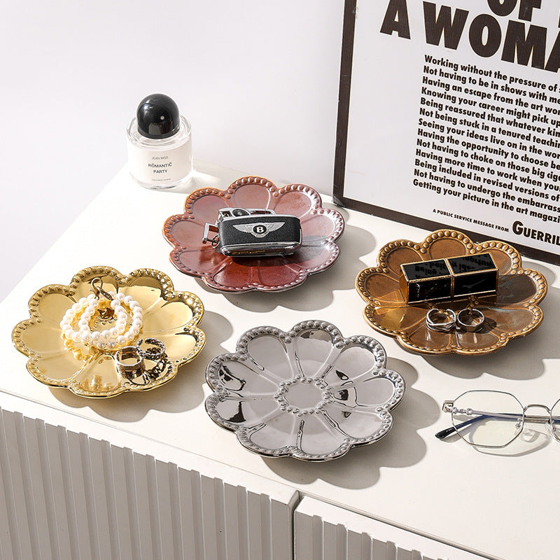 Ins electroplating creative ceramic flower pattern stylish ceramic jewelry storage tray high-looking photo prop display tray
