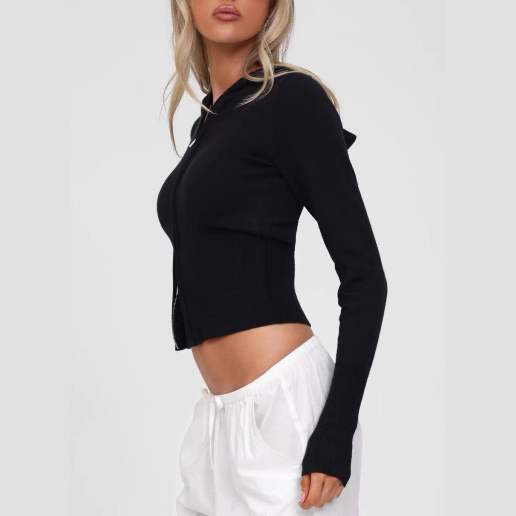 Cross-border Europe, America and 2025 autumn new fashion and leisure double-ended zipper hooded slim-fitting long-sleeved cardigan jacket