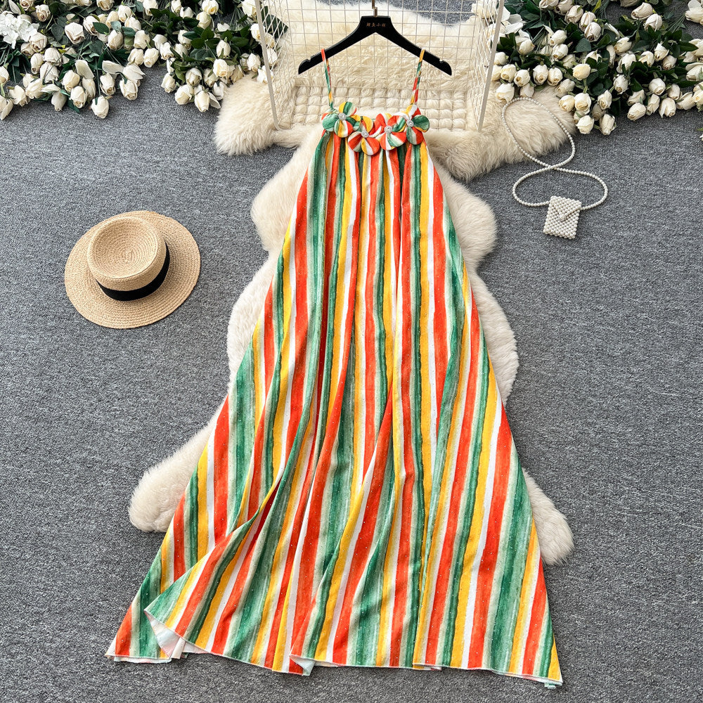 K-stylestripes suspender small diamond flower dress women's summerhigh waista word easiest for match long skirtwork clothing outfit skirt