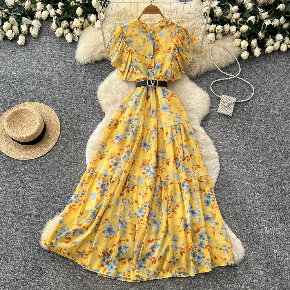 French country style yellow floral dress - women's summer gentle style, cinched waist, flowy maxi dress, commute chic