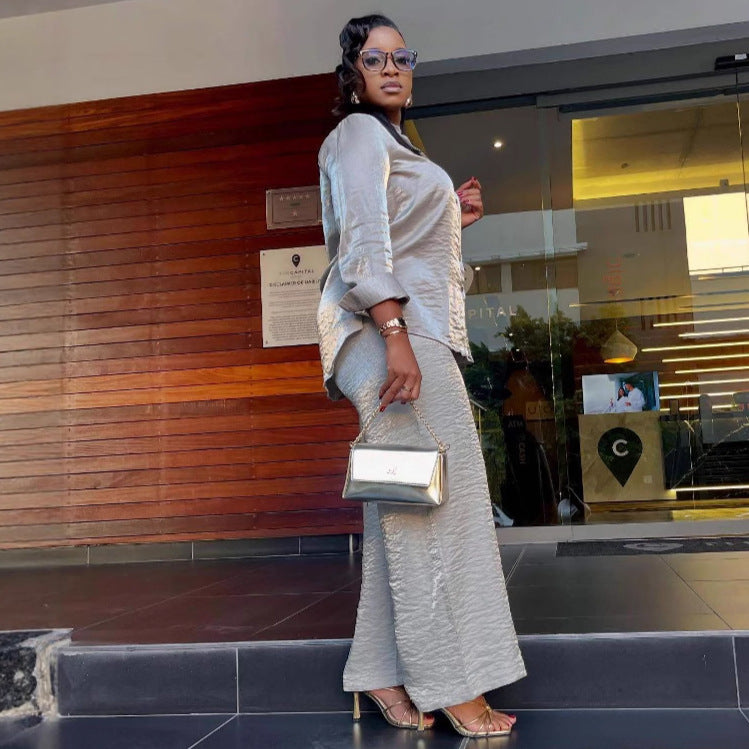 European and American large-size women's clothing long-sleeved lapel solid color cardigan shirt high waist wide-leg trousers African foreign loose suit