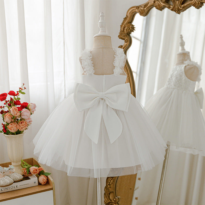 white lace evening dress high-end backless princess dress birthday party prom puffy gauze skirt girl performance