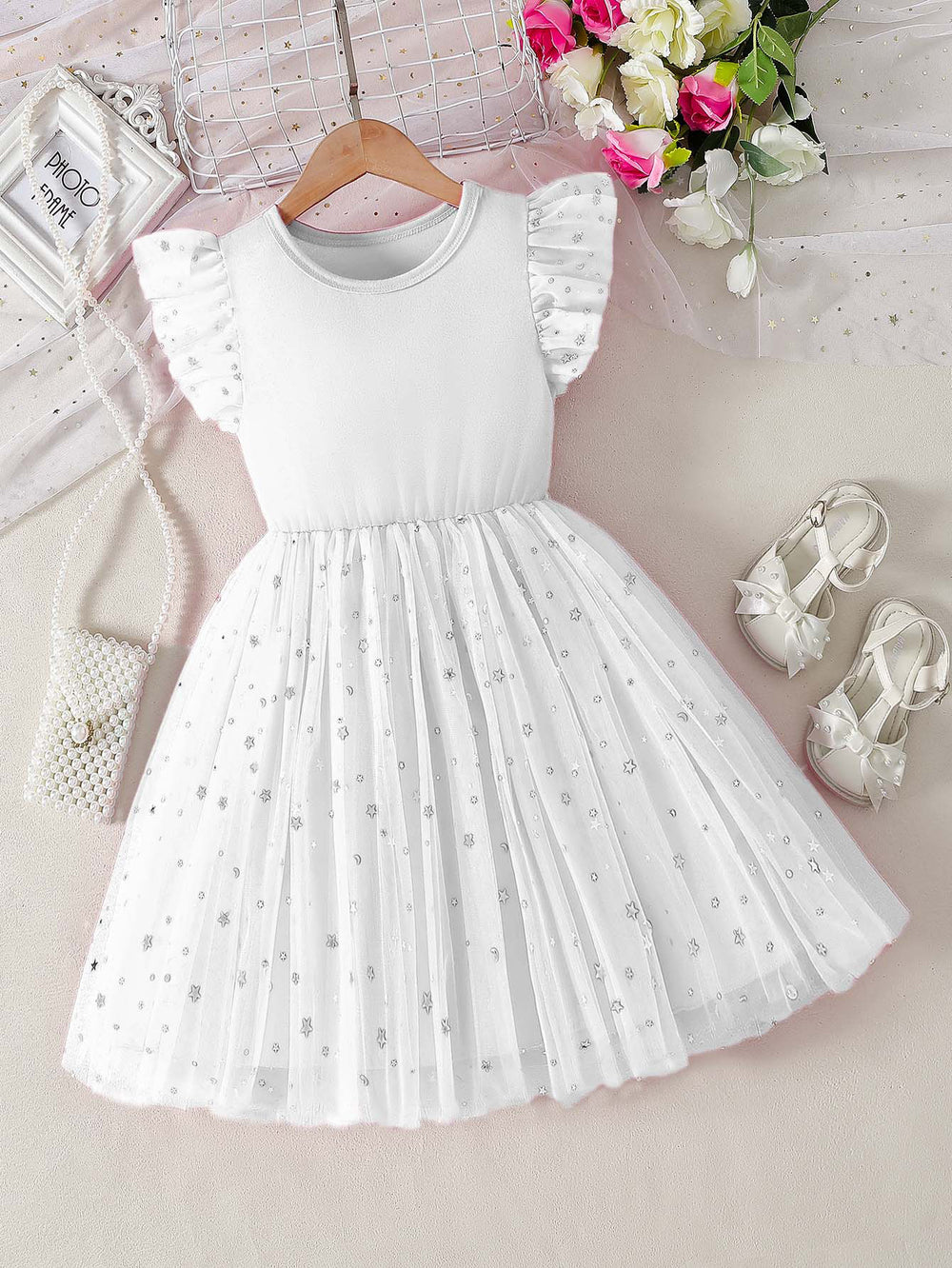 girls' summer mesh dress - pink round neck flutter sleeve star print tutu - cute kids' princess dress