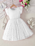 girls' summer mesh dress - pink round neck flutter sleeve star print tutu - cute kids' princess dress