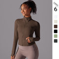 New women's solid color stand collar long zip-up long sleeve brushed fleece tight-fit activewear top for running, fitness, and yoga