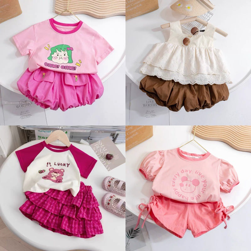 Girls' summer outfit  new style: baby girl short-sleeve, trendy and versatile shorts two-piece set - wholesale supply