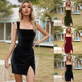 european and american women's clothing  summer music festival sexy slit square neck bodycon velvet red dress
