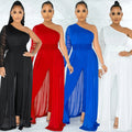 X5675 cross-border   pure colorsexy mesh see-through one-shoulder slanted collar long-sleeved pants jumpsuit for women