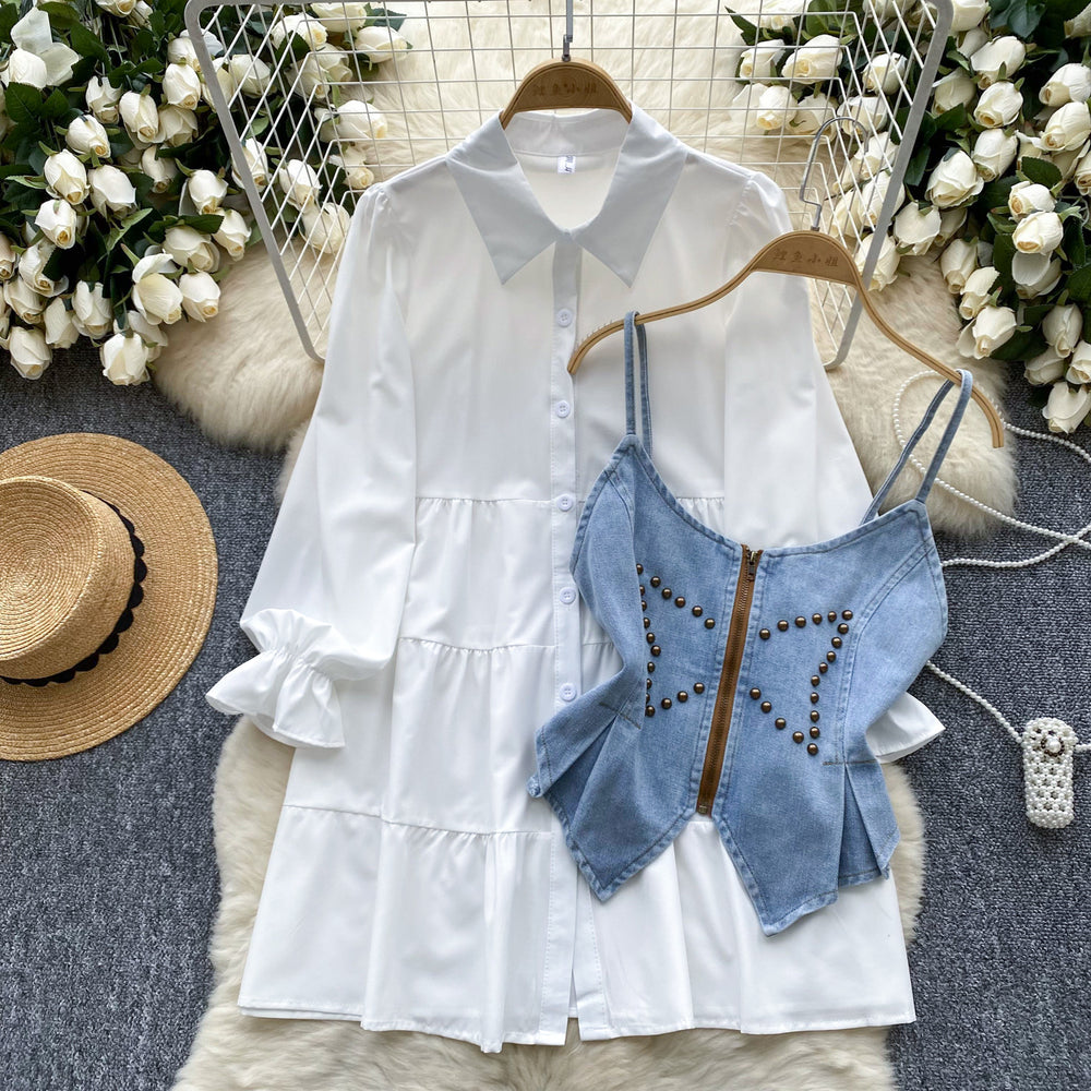 Autumn new arrivals: women's elegant, niche, french-style cinched waist single-breasted long-sleeve shirt dress + denim cami tank top