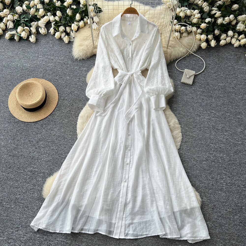 Frenchretro lapel lantern sleeve sequindress women's summerk-style strap waist slimming look long skirt work clothing