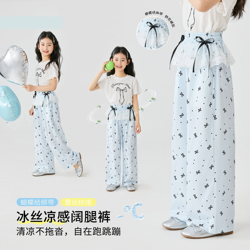 Girls' summer short-sleeve and pants set,  new style, kids' bowknot slim-fit two-piece set, comfortable children's clothing