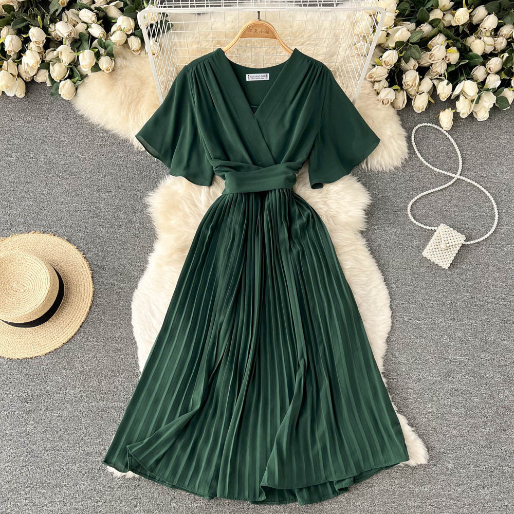 French pleated silmlong holiday style chiffon pleated long skirt pure colorelegantv necknew arrivalfrenchdress