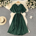 French pleated silmlong holiday style chiffon pleated long skirt pure colorelegantv necknew arrivalfrenchdress