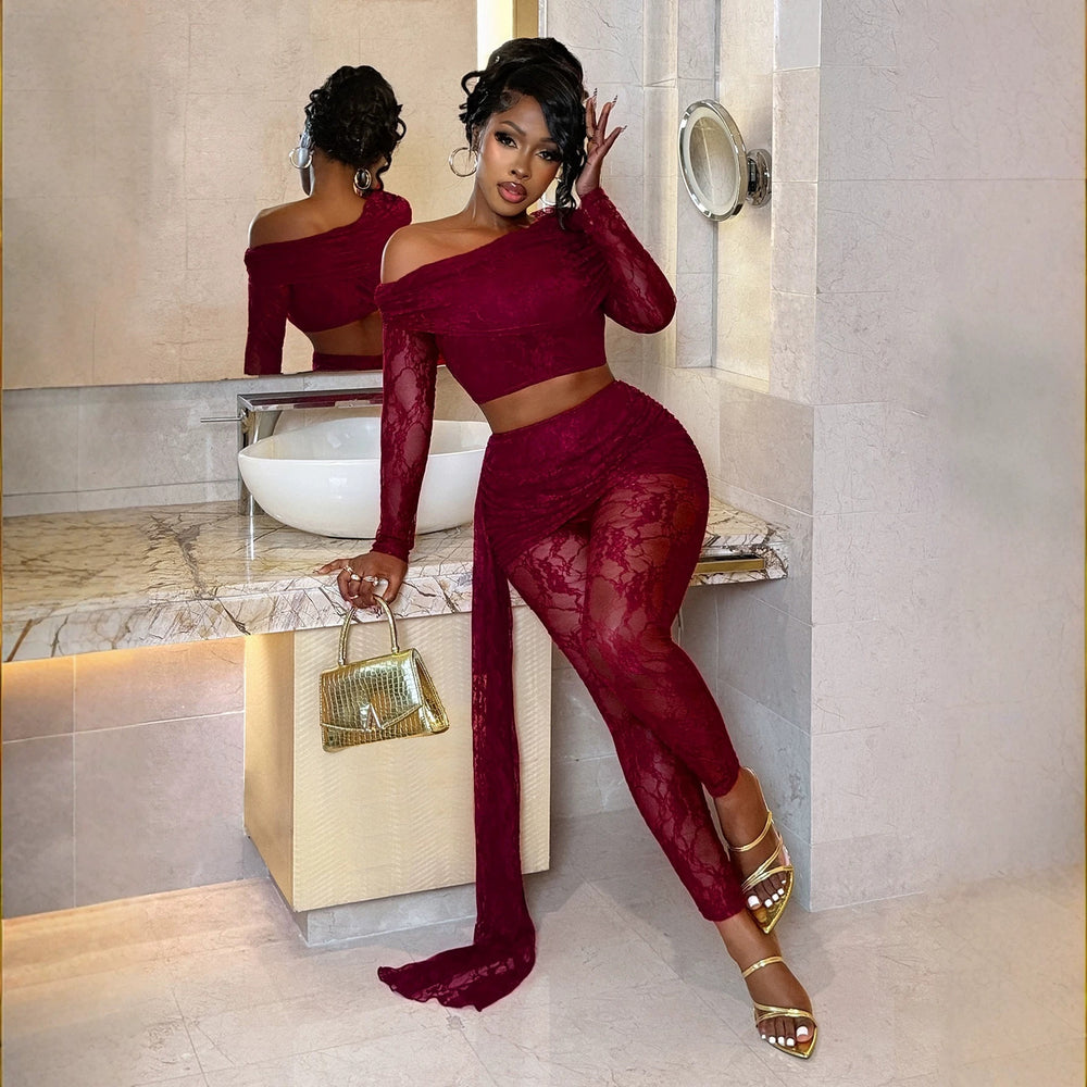 Sexylace oblique shoulder navel-baring tops high waist pleated streamer tights nightclub party sexysuit cross-border