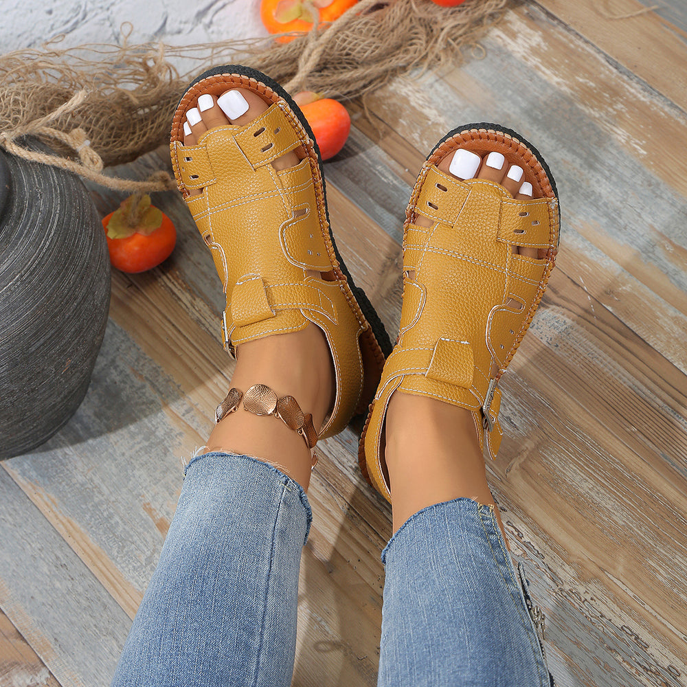 Exportplus sizenew arrival belt buckle flatscut out sandals women's retro style outwearpure color beach sandals and slippers