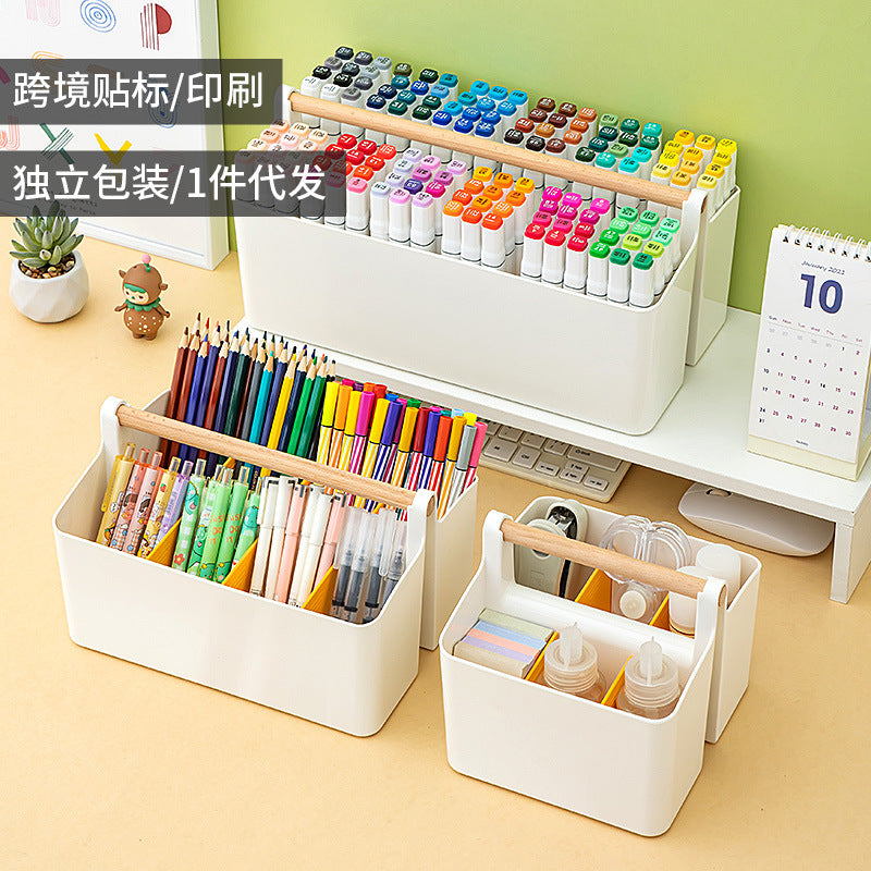 Hand-held colored pen marker storage box, grid large-capacity pen holder, finishing, student brush desktop stationery storage box