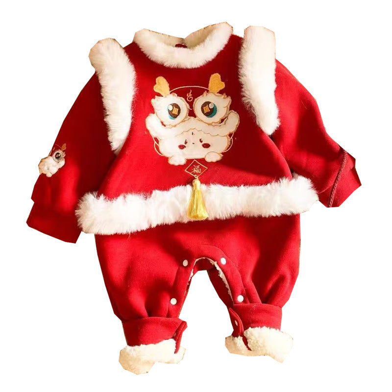 Newborn baby winter fleece-lined warm romper - unisex, festive first birthday & full month celebration, thickened crawling suit, trendy onesie
