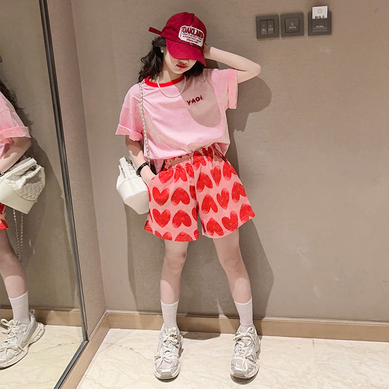 Girls' summer short-sleeve and shorts activewear set - trendy and stylish korean style casual summer outfit for girls (sizes for mid-to-large children)
