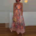 european and american export women's summer new arrival halter neck printed backless crisscross tie-up slim fit vacation style dress