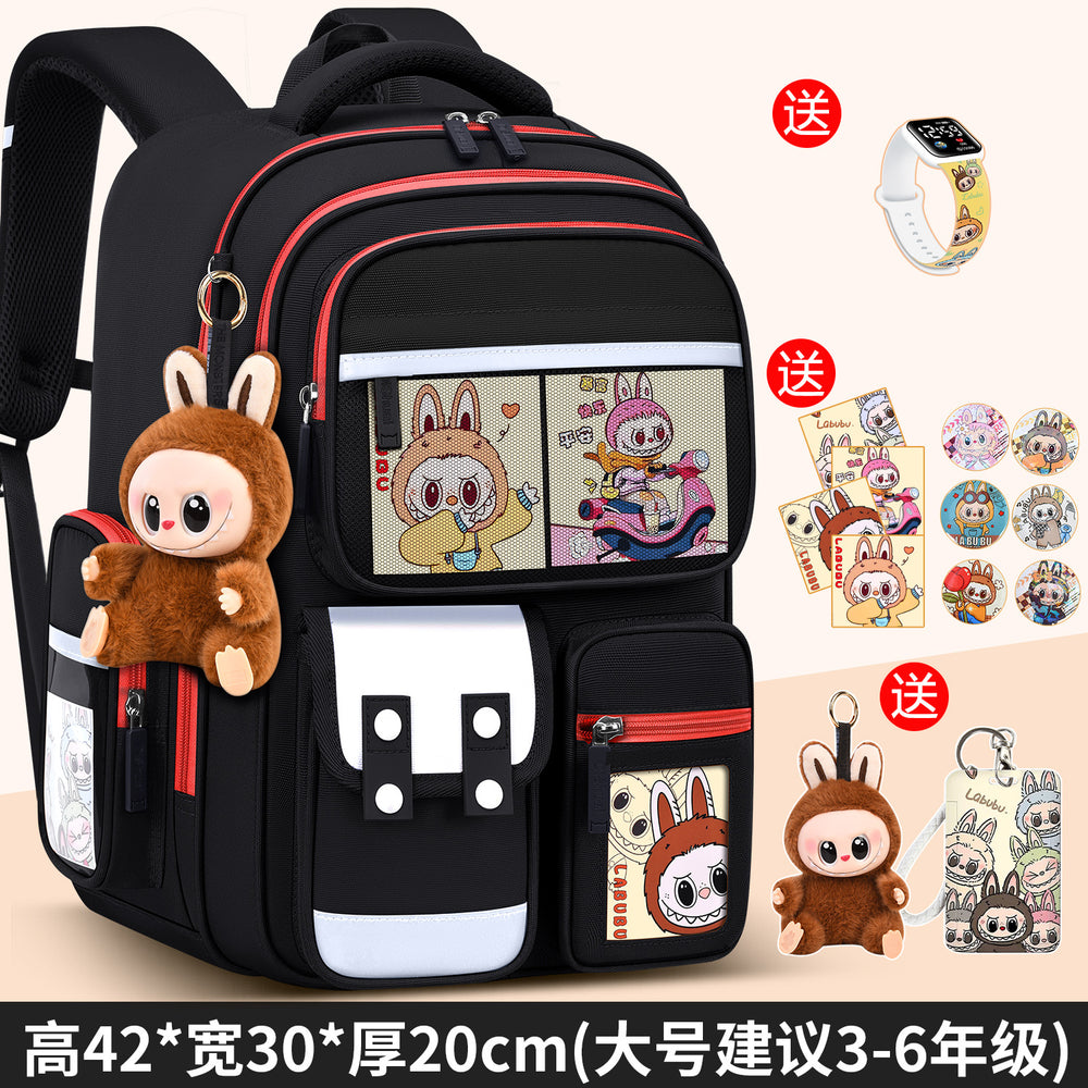 2026 new labubu backpack for girls, elementary school students grades 1-6, boys' lightweight kids' backpack, spine protection, and weight reduction