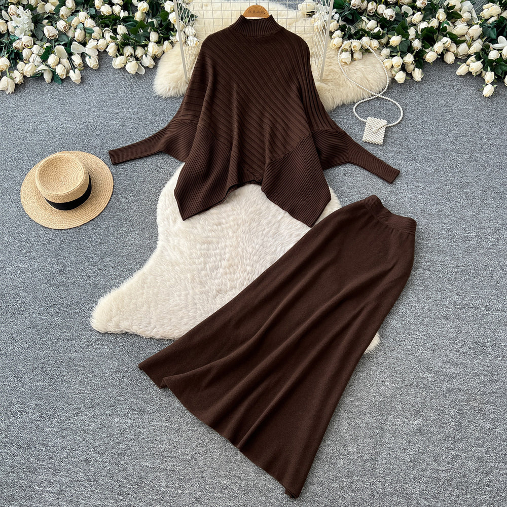 Lazy style red turtleneck knitting shirt skirt suit women's autumlong sleevesslimming looktwo-piece set atmosphere outfit