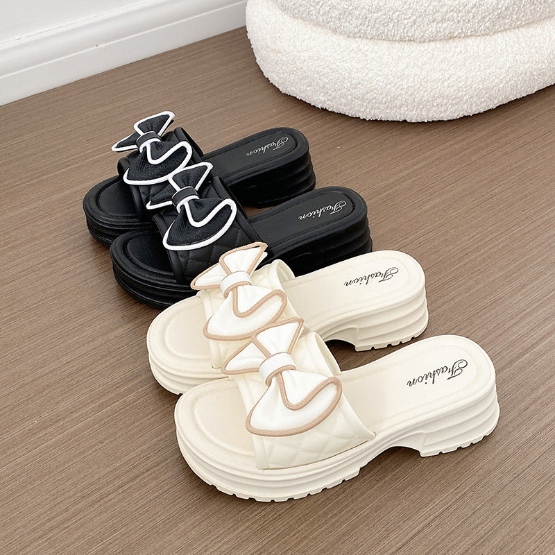 Bow-tie flip-flops for women, summer fashion outerwear, 2026 new style, thick sole, height-increasing, non-slip beach sandals