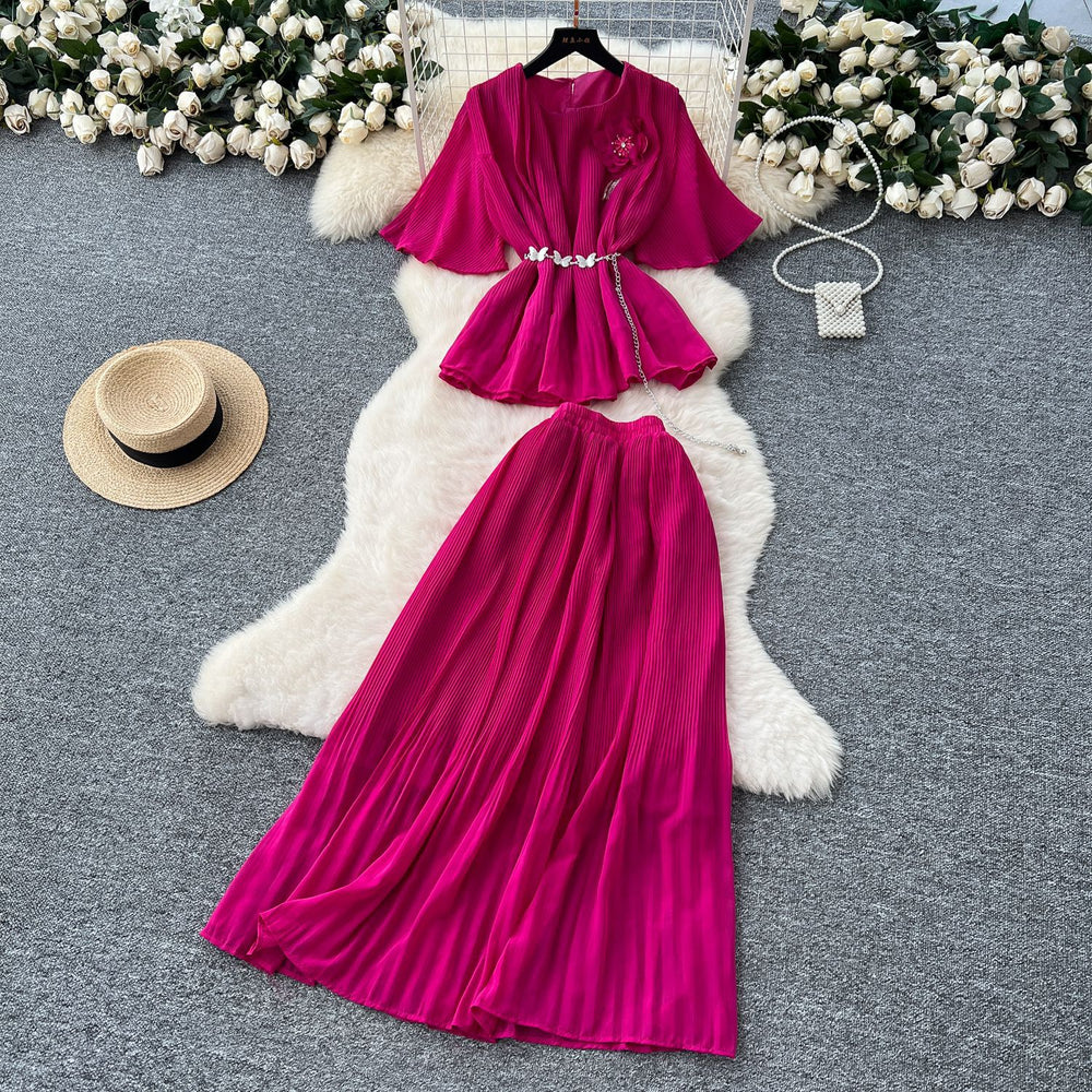 French style women's summer outfit: premium 3d floral tie-waist short-sleeve pleated top + high-waisted midi skirt
