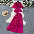 French style women's summer outfit: premium 3d floral tie-waist short-sleeve pleated top + high-waisted midi skirt